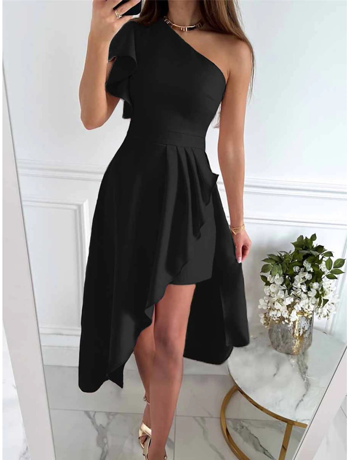 Women's Little Black Dress Sexy Dress Party Dress Homecoming Dress Mini Dress Pink Wine Short Sleeve Ruffle Spring Fall One Shoulder Fashion Wedding Guest