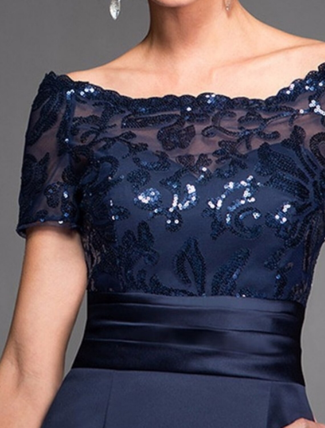 A-Line Mother of the Bride Dress Fall Wedding Guest Dresses Plus Size Sparkle & Shine Elegant Off Shoulder Knee Length Satin Lace Sequined Short Sleeve with Ruched Appliques