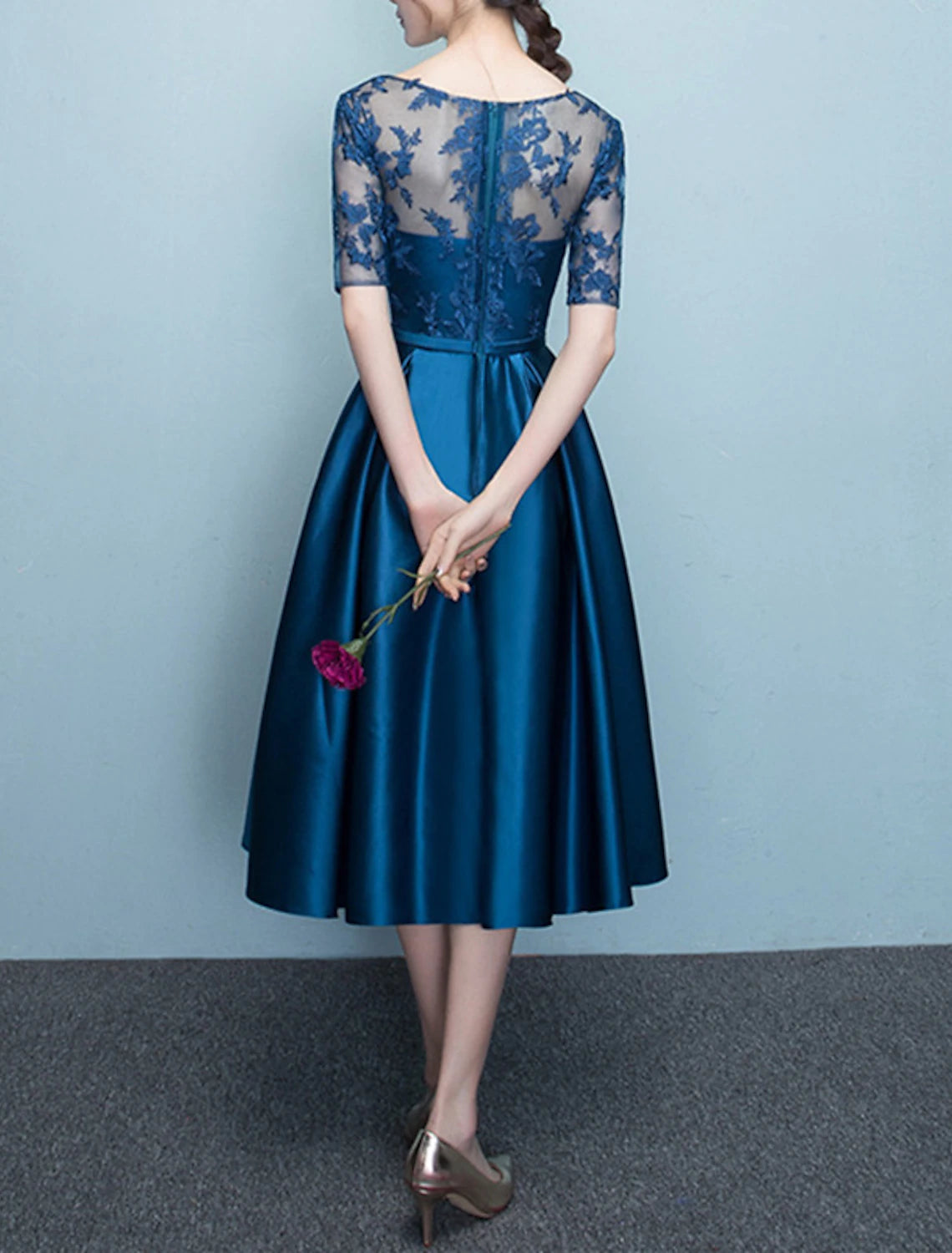 A-Line Mother of the Bride Dress Vintage Elegant Jewel Neck Tea Length Satin Lace Half Sleeve with Bow(s) Pleats