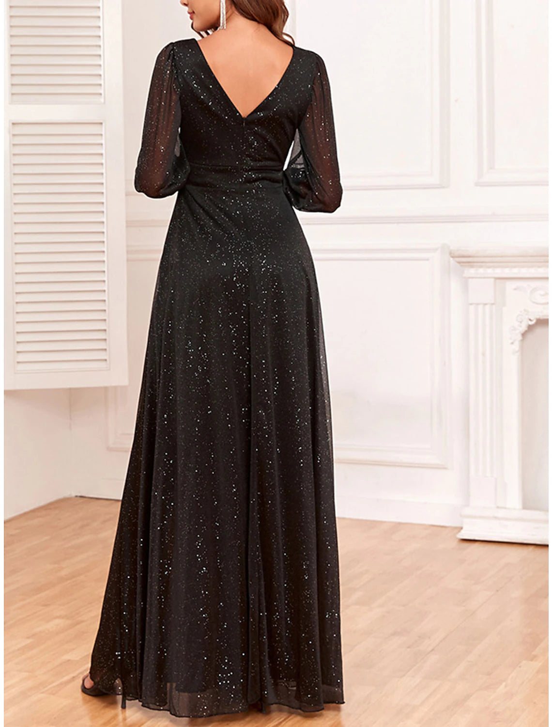 Women's Black Dress Prom Dress Party Dress Long Dress Maxi Dress Black Long Sleeve Dot Sparkly Spring Fall Winter V Neck Fashion Winter Dress Wedding Guest Evening Party