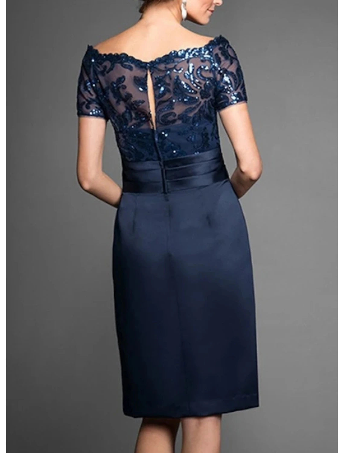 Sheath / Column Mother of the Bride Dress Wedding Guest Elegant Off Shoulder Knee Length Chiffon Lace Tulle Short Sleeve with Lace Sequin Fall