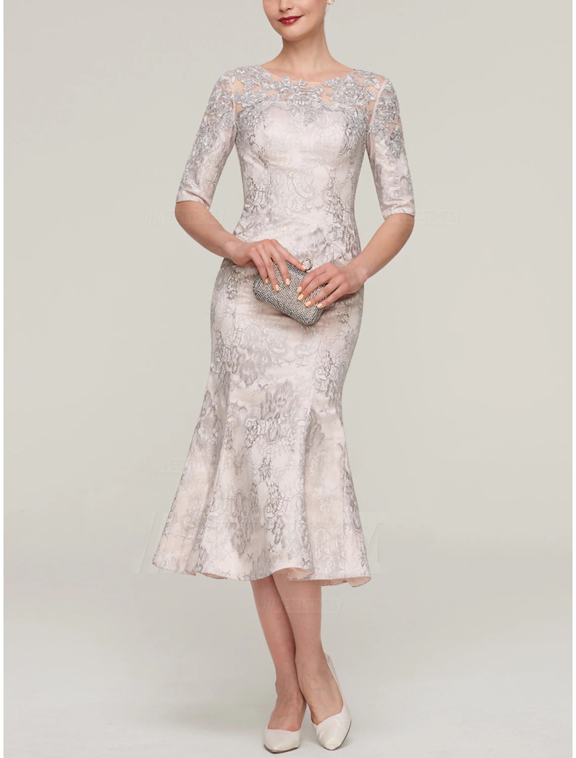 Mermaid / Trumpet Mother of the Bride Dress Wedding Guest Elegant Petite Jewel Neck Tea Length Stretch Satin Imitated Silk Half Sleeve with Lace Pleats