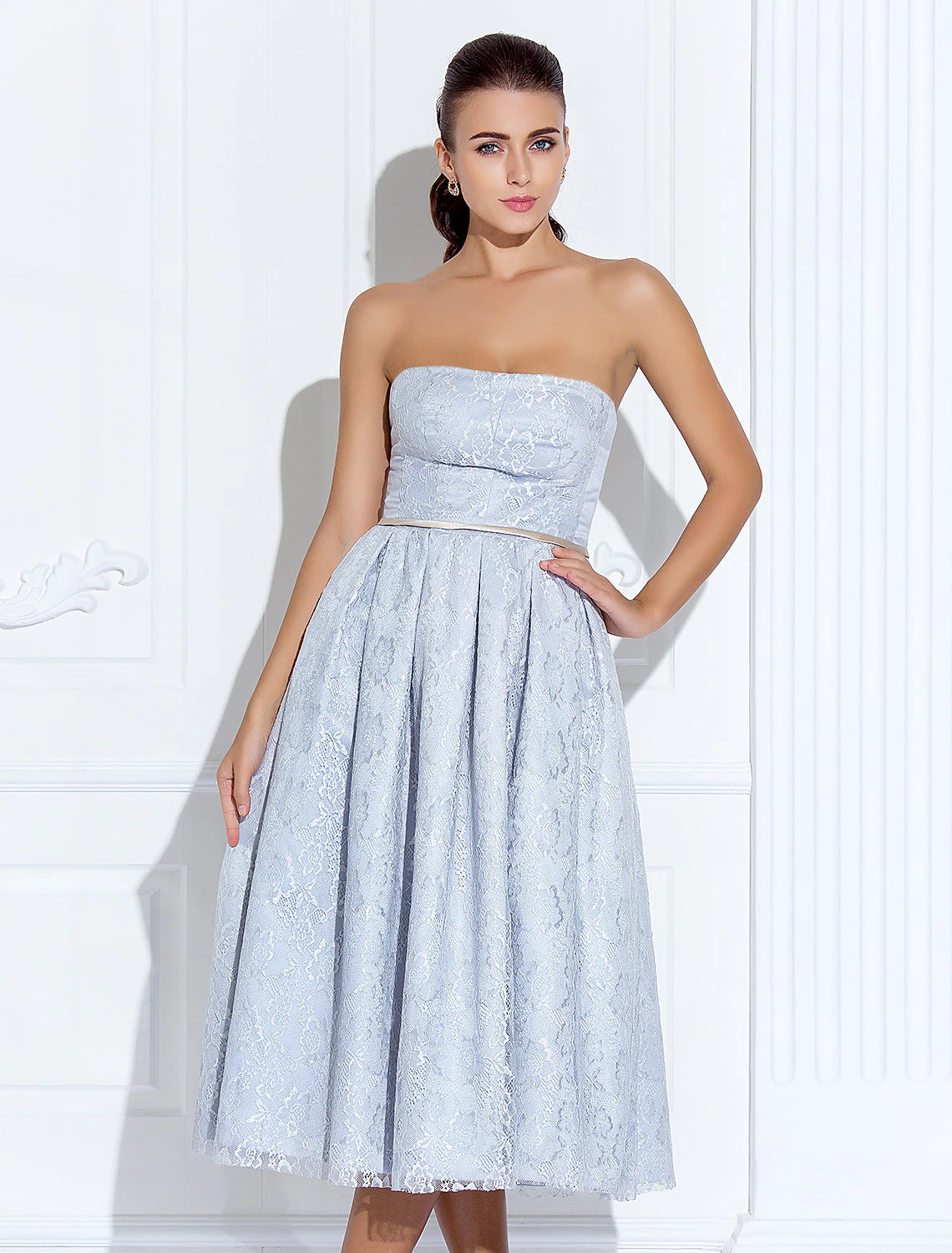 A-Line Strapless Tea Length Lace / Satin Dress with Lace / Sash / Ribbon