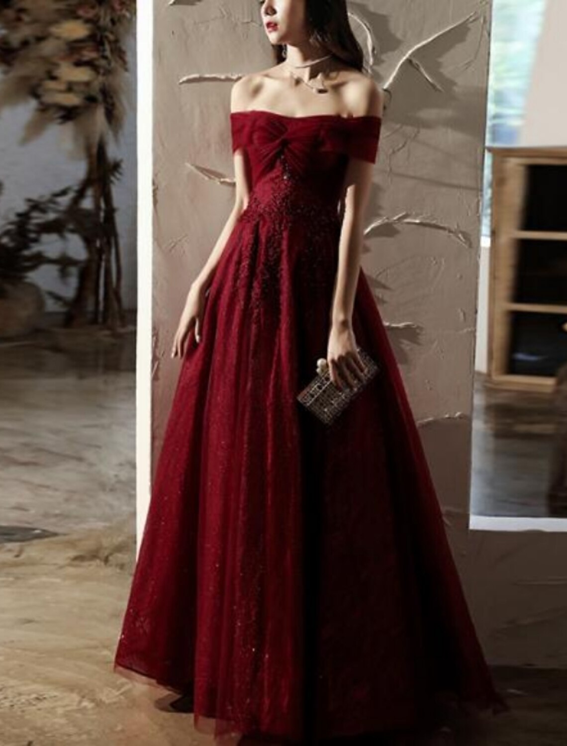 A-Line Luxurious Sparkle Engagement Prom Dress Off Shoulder Short Sleeve Floor Length Tulle with Sequin Appliques