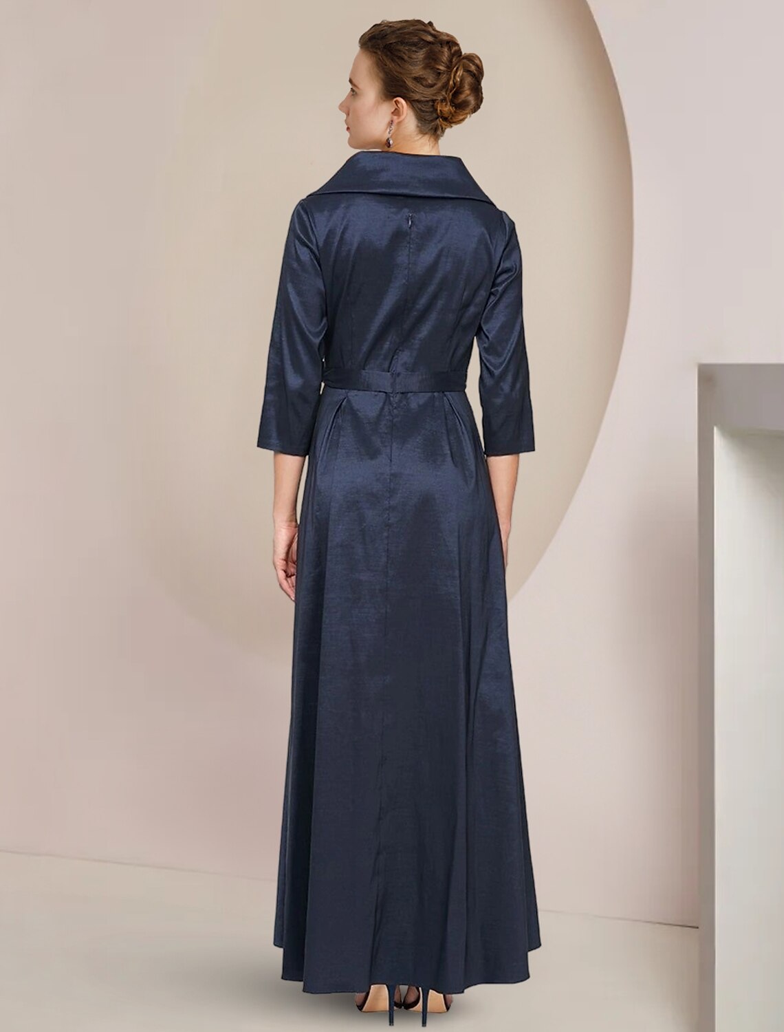 A-Line Mother of the Bride Dress Formal Wedding Guest Party Elegant Shirt Collar Asymmetrical Ankle Length Taffeta Short Sleeve with Bow(s)