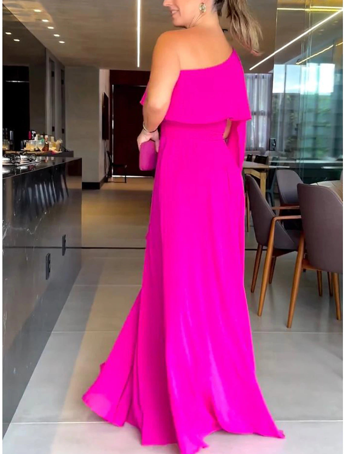Women's Prom Dress Party Dress Wedding Guest Dress Long Dress Maxi Dress Fuchsia 3/4 Length Sleeve Pure Color Lace up Spring Fall Winter One Shoulder Fashion Winter Dress Evening Party Wedding Guest