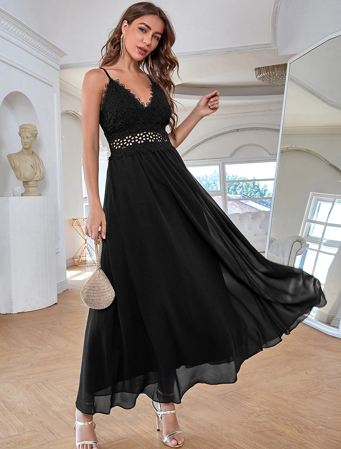 A-Line Evening Gown Elegant Dress Party Wear Formal Evening Ankle Length Sleeveless Spaghetti Strap Chiffon with Sequin Pure Color Splicing