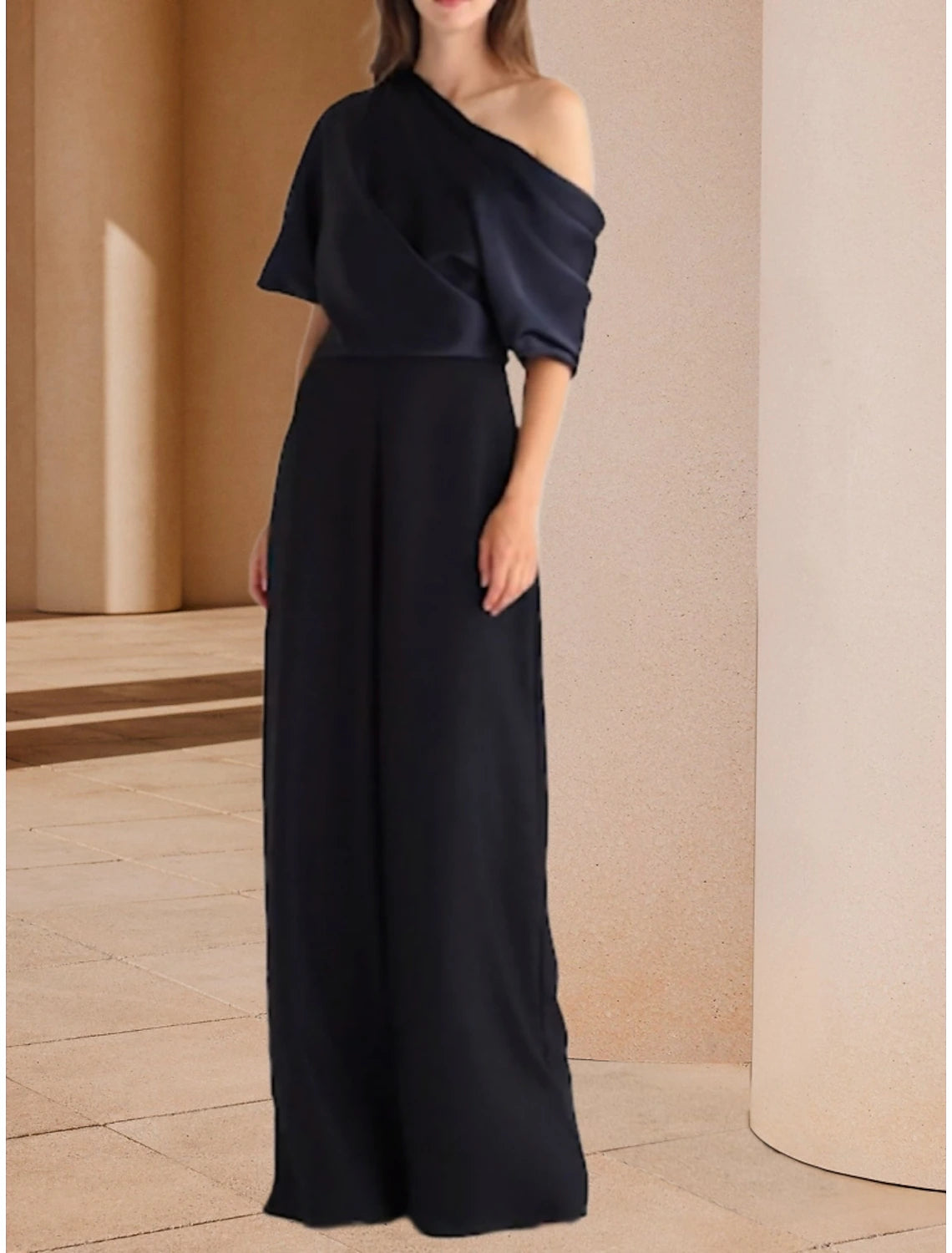 Jumpsuits Mother of the Bride Dress Wedding Guest Elegant Off Shoulder Floor Length Imitated Silk Half Sleeve with Ruching Solid Color
