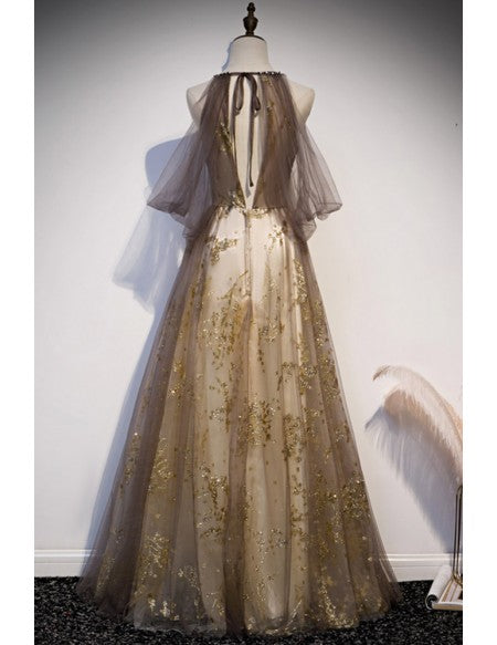 Gorgeous Bling Dusty Gold Prom Dress Long Halter