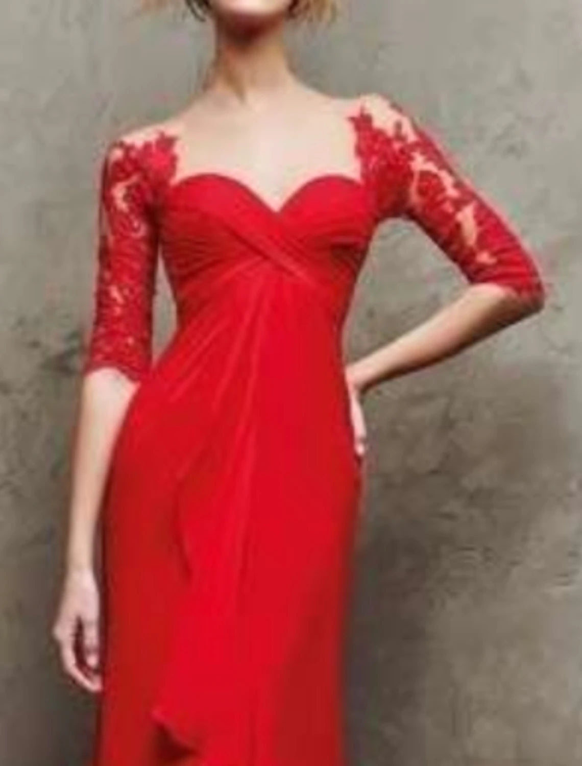 Sheath Red Green Dress Elegant Formal Evening Dress Sweetheart Neckline Half Sleeve Floor Length Chiffon with Ruffles Lace Insert