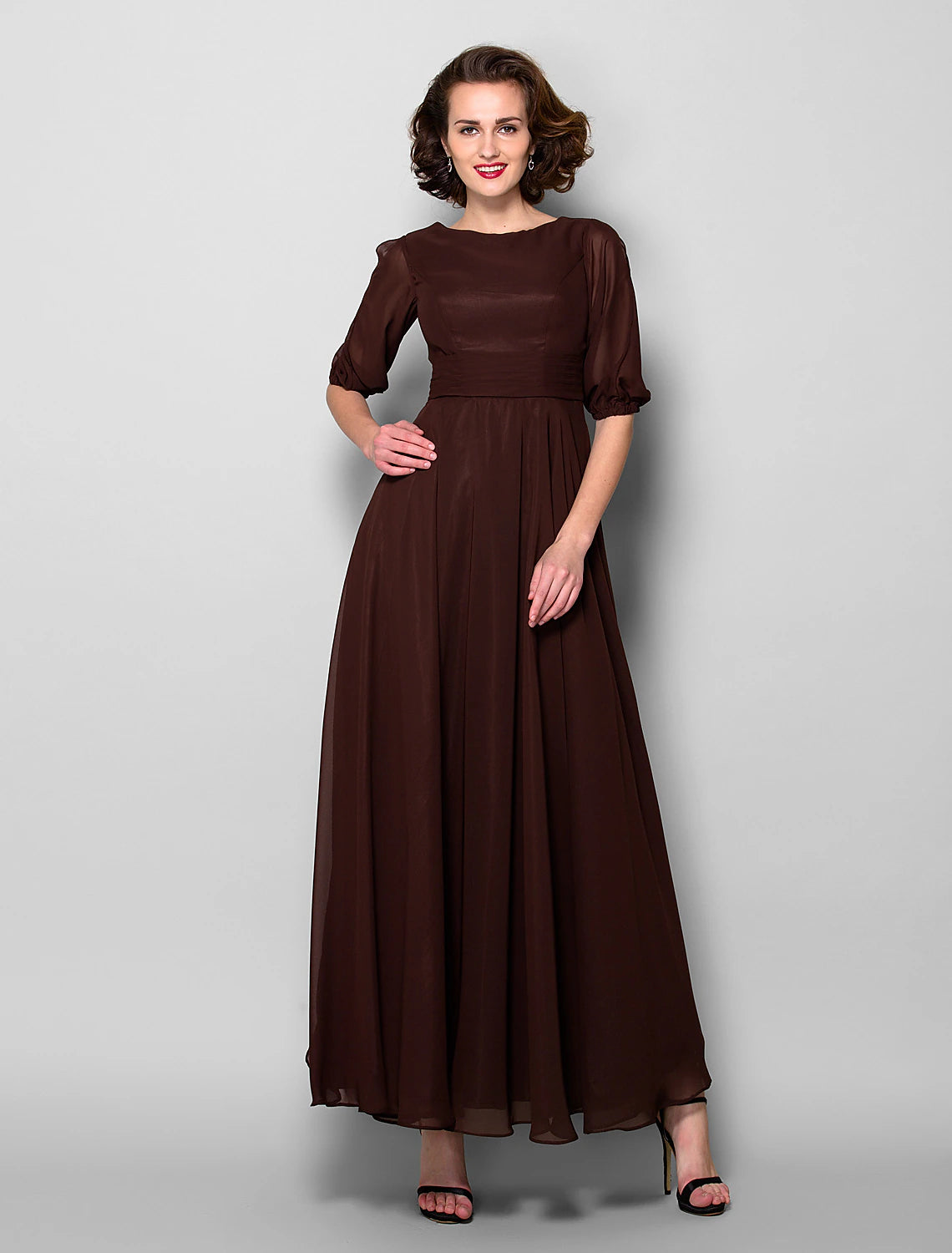 A-Line Mother of the Bride Dress Elegant Jewel Neck Ankle Length Chiffon Half Sleeve with Sash / Ribbon Ruched