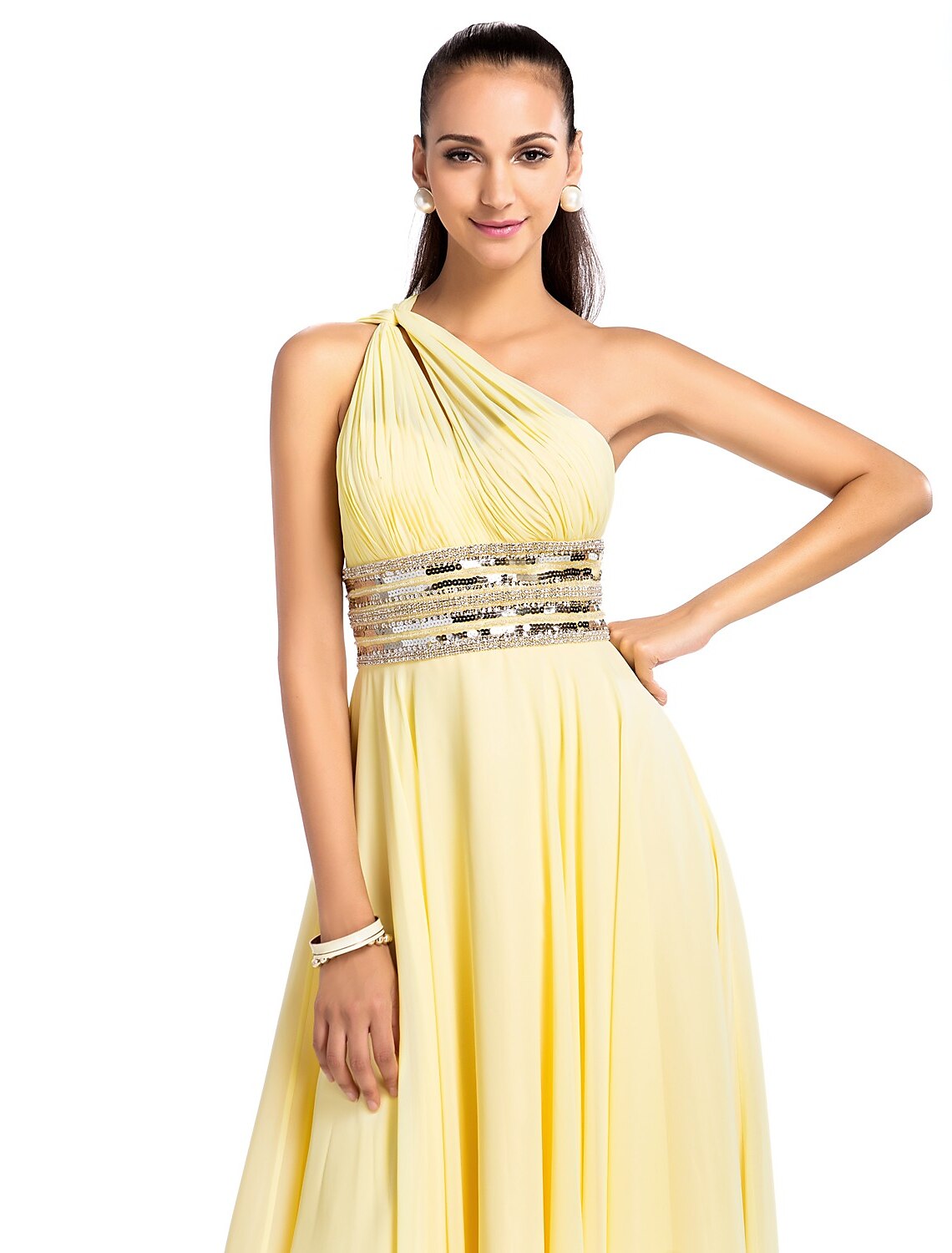 Sheath / Column One Shoulder Court Train Chiffon Open Back Prom / Formal Evening Dress with Beading / Draping / Side Draping