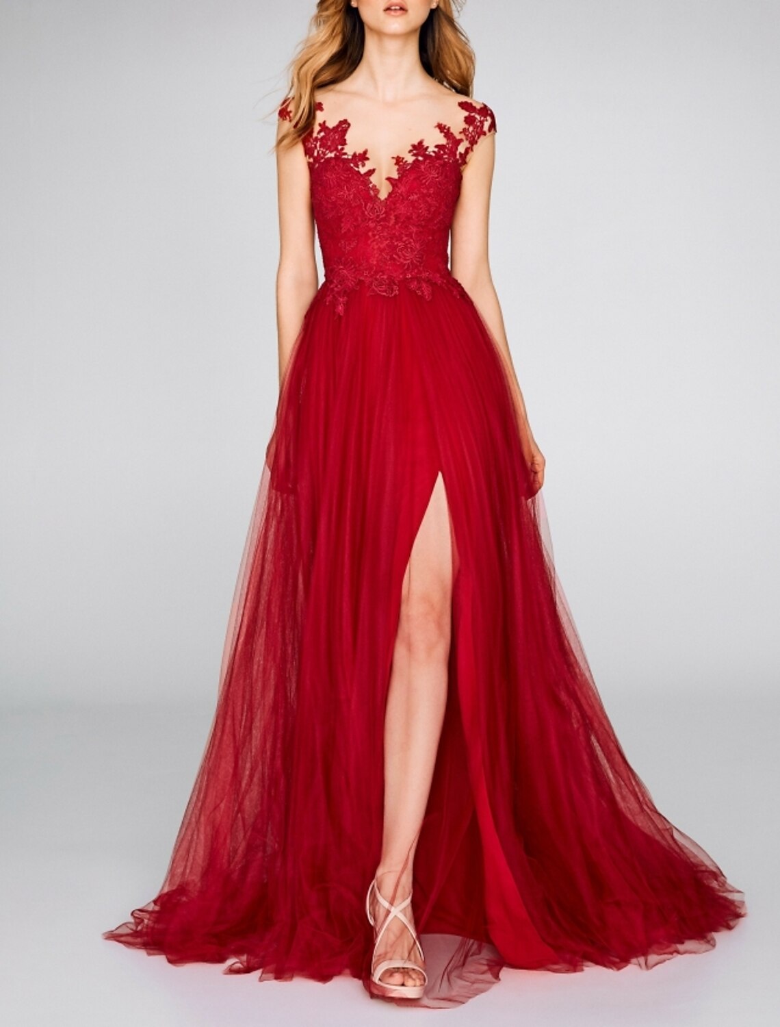 A-Line Evening Gown Party Dress Red Green Dress Engagement Prom Court Train Sleeveless V Neck Chiffon with Slit Appliques