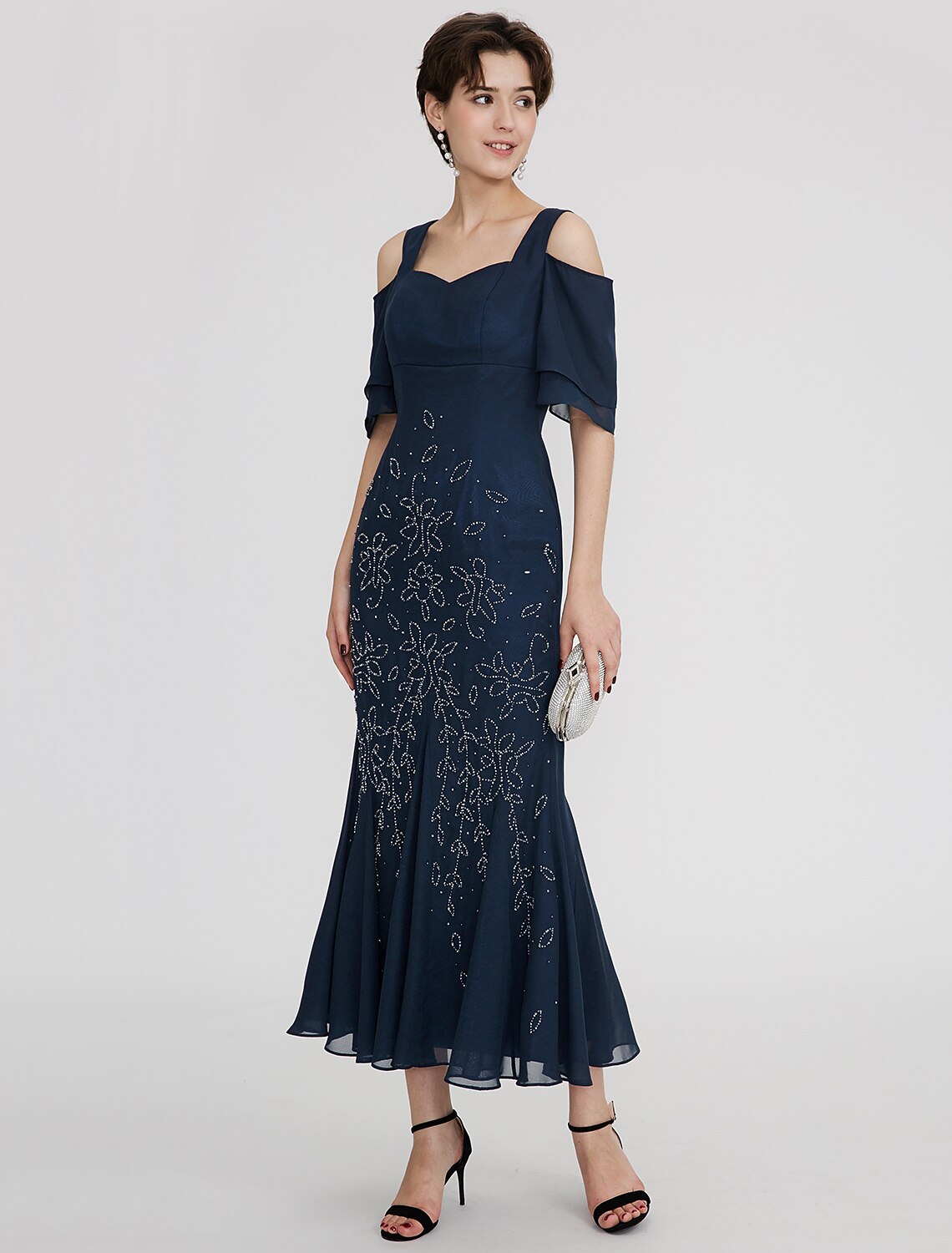 Mermaid / Trumpet Elegant Dress Holiday Cocktail Party Tea Length Short Sleeve Straps Chiffon with Pleats Beading