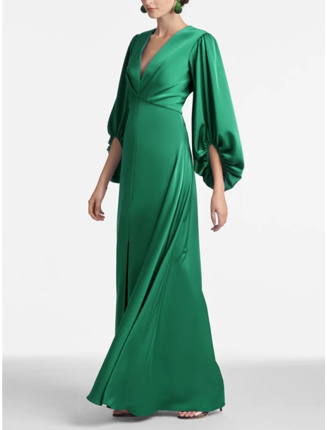 Green Satin Formal A-Line Long Sleeve Evening Gown Black Party Dress High Split Fall wedding guest Dress Floor Length V Neck with Ruched Slit