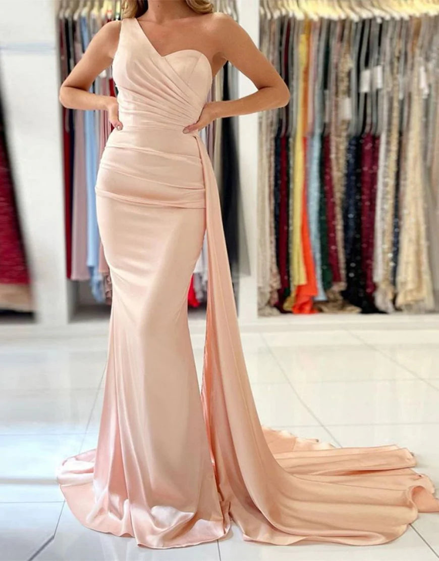 Mermaid One Shoulder  Satin Bridesmaid Dress With Ribbon