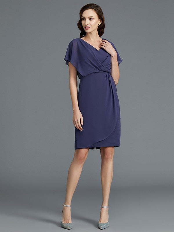 Sheath/Column V-neck Short Sleeves Chiffon Knee-Length Mother of the Bride Dresses