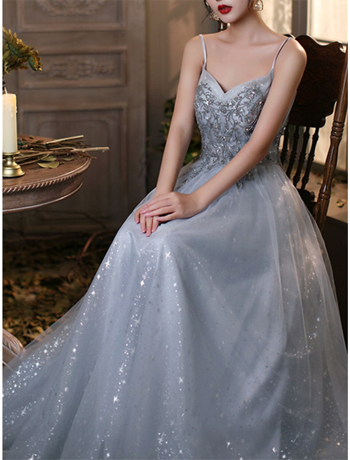 A-Line Sparkle Elegant Prom Formal Evening Dress V Neck Sleeveless Floor Length Tulle with Pleats Beading