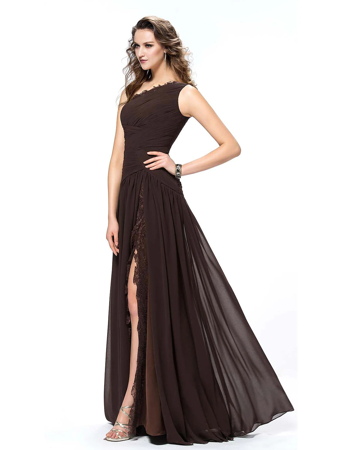 A-Line Evening Gown Elegant Dress Party Wear Formal Evening Floor Length Sleeveless One Shoulder Chiffon Backless with Slit Lace Insert