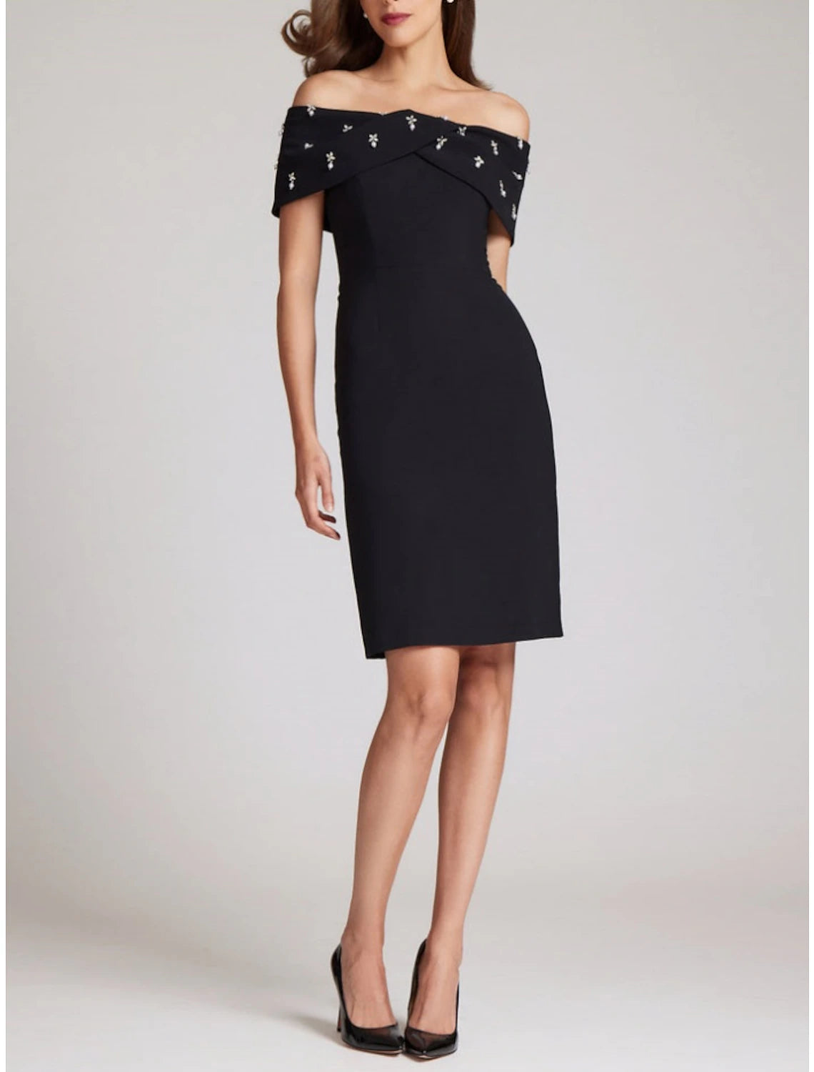 Sheath / Column Wedding Guest Dresses Elegant Dress Homecoming Knee Length Black Dress Short Sleeve Off Shoulder Stretch Fabric with Crystals