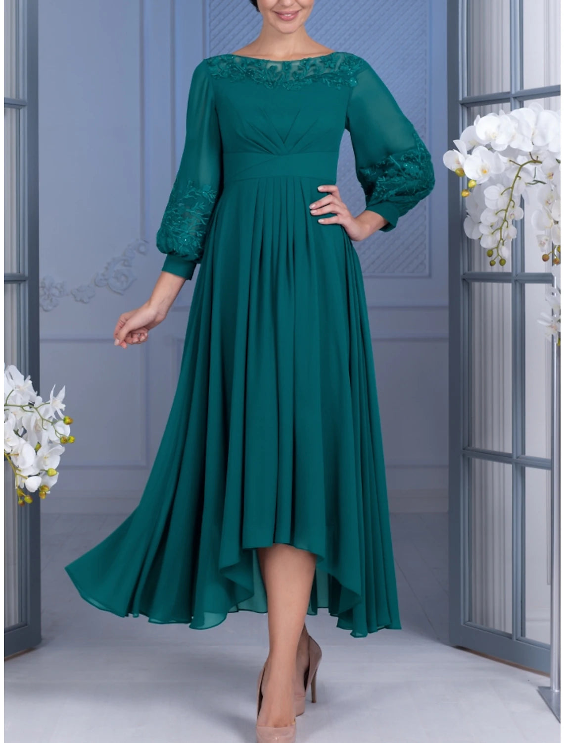 A-Line Mother of the Bride Dress Wedding Guest Elegant Scoop Neck Asymmetrical Chiffon Lace Long Sleeve with Ruching Solid Color