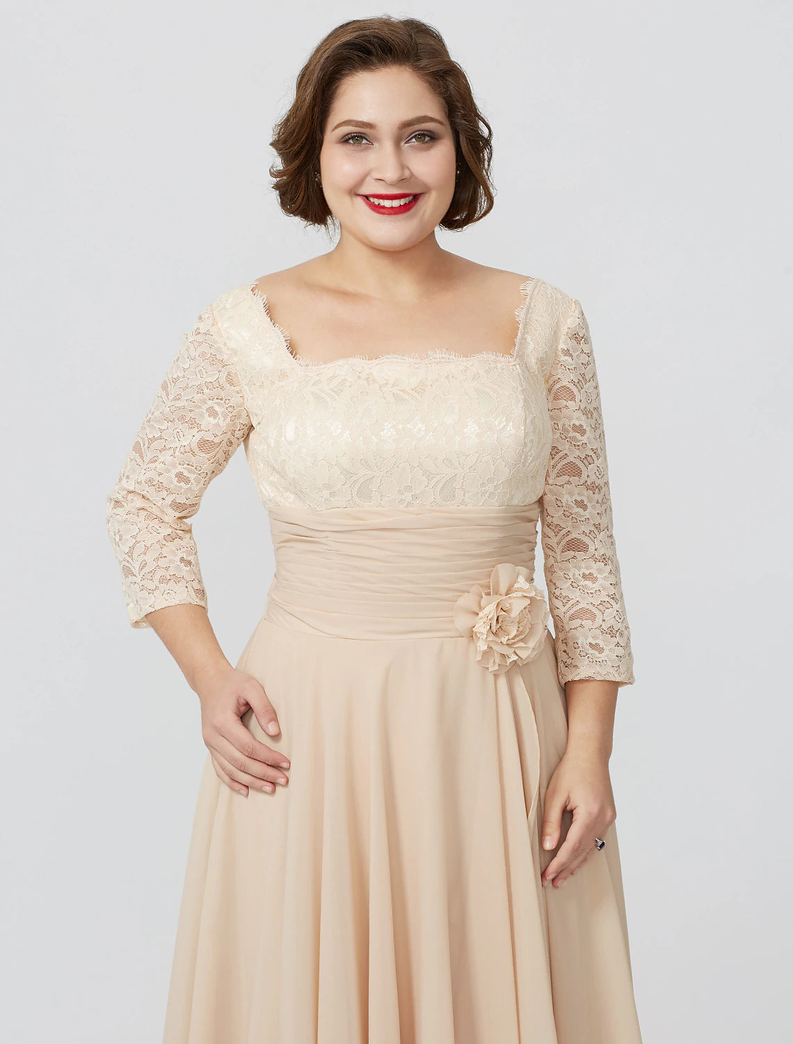 Sheath / Column Mother of the Bride Dress Formal Classic & Timeless Elegant & Luxurious Plus Size Square Neck Floor Length Chiffon Metallic Lace 3/4 Length Sleeve No with Sash / Ribbon Flower