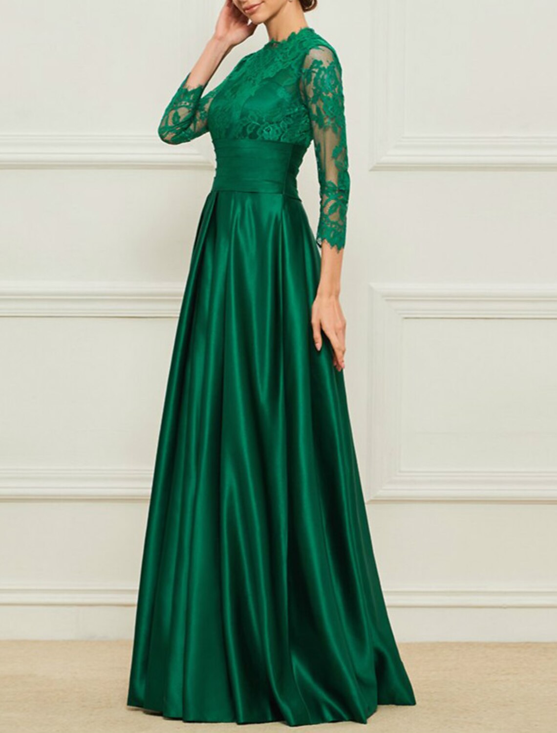 Sheath / Column Mother of the Bride Dress Elegant High Neck Floor Length Satin Lace 3/4 Length Sleeve with Sash / Ribbon Appliques