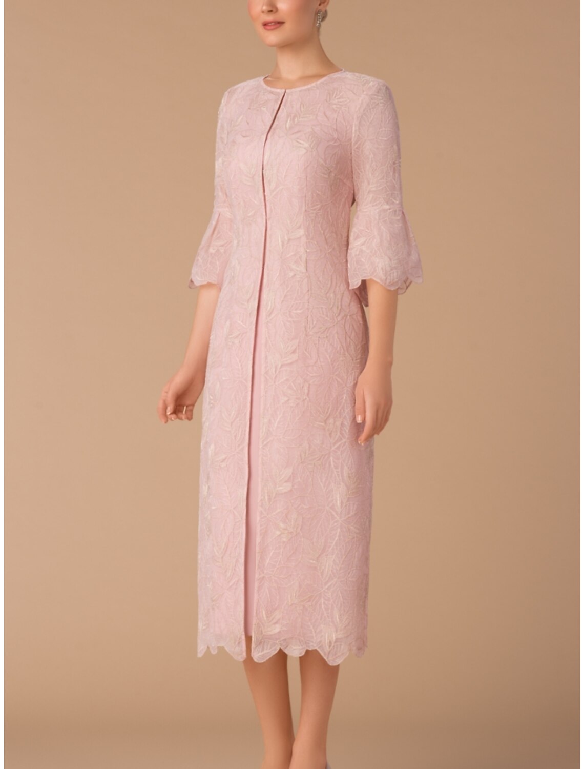 Two Piece Mother of the Bride Dress Wedding Guest Elegant Petite Jewel Neck Tea Length Chiffon Lace Half Sleeve with Ruffles Solid Color