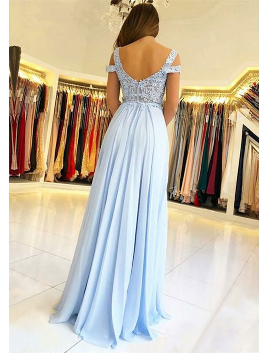 A-Line Empire Prom Formal Evening Dress V Neck Short Sleeve Floor Length Chiffon with Appliques Split Front