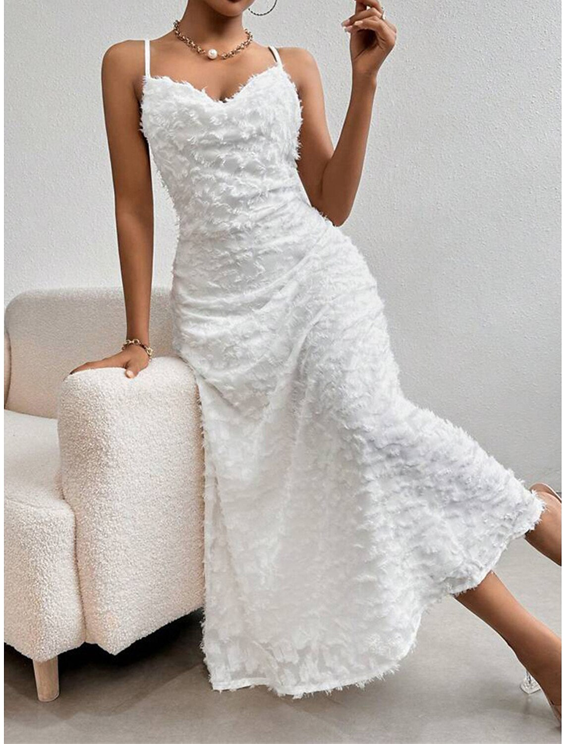 Women's Prom Dress Party Dress Feather Dress Long Dress Maxi Dress White Sleeveless Plain Backless Summer Spring Fall Spaghetti Strap Elegant Wedding Guest Birthday Evening Party