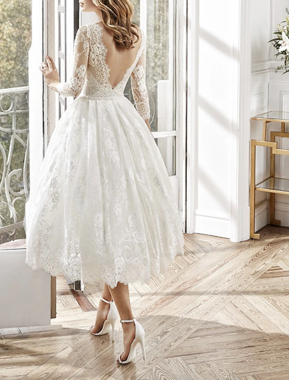 A-Line Party Dresses Floral Dress Wedding Guest Homecoming Tea Length Long Sleeve Jewel Neck Polyester Backless with Appliques