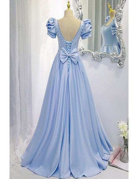Blue Long Satin Gorgeous Prom Dress with Bubble Sleeves