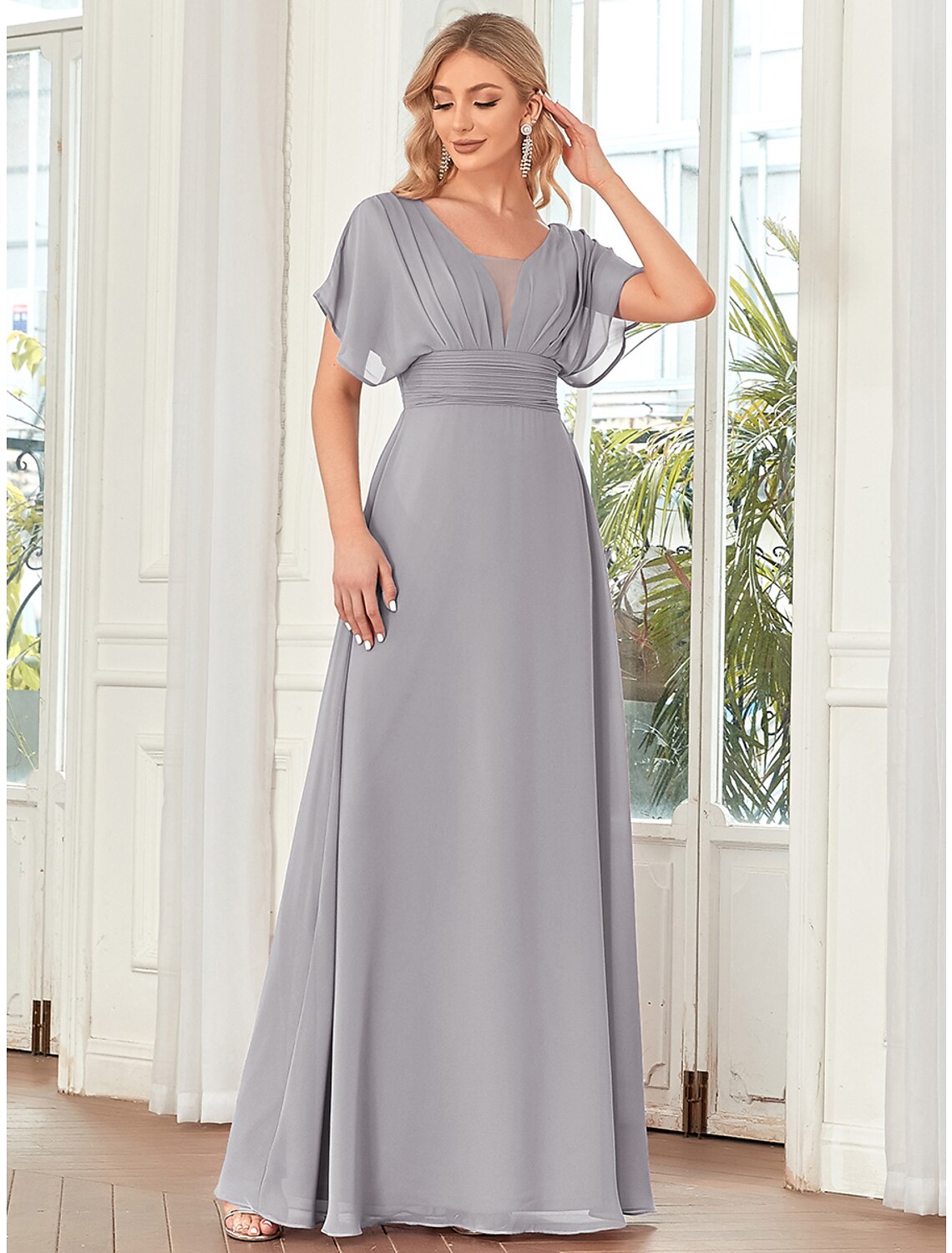 A-Line Elegant Formal Evening Dress V Neck Short Sleeve Floor Length Chiffon with Draping