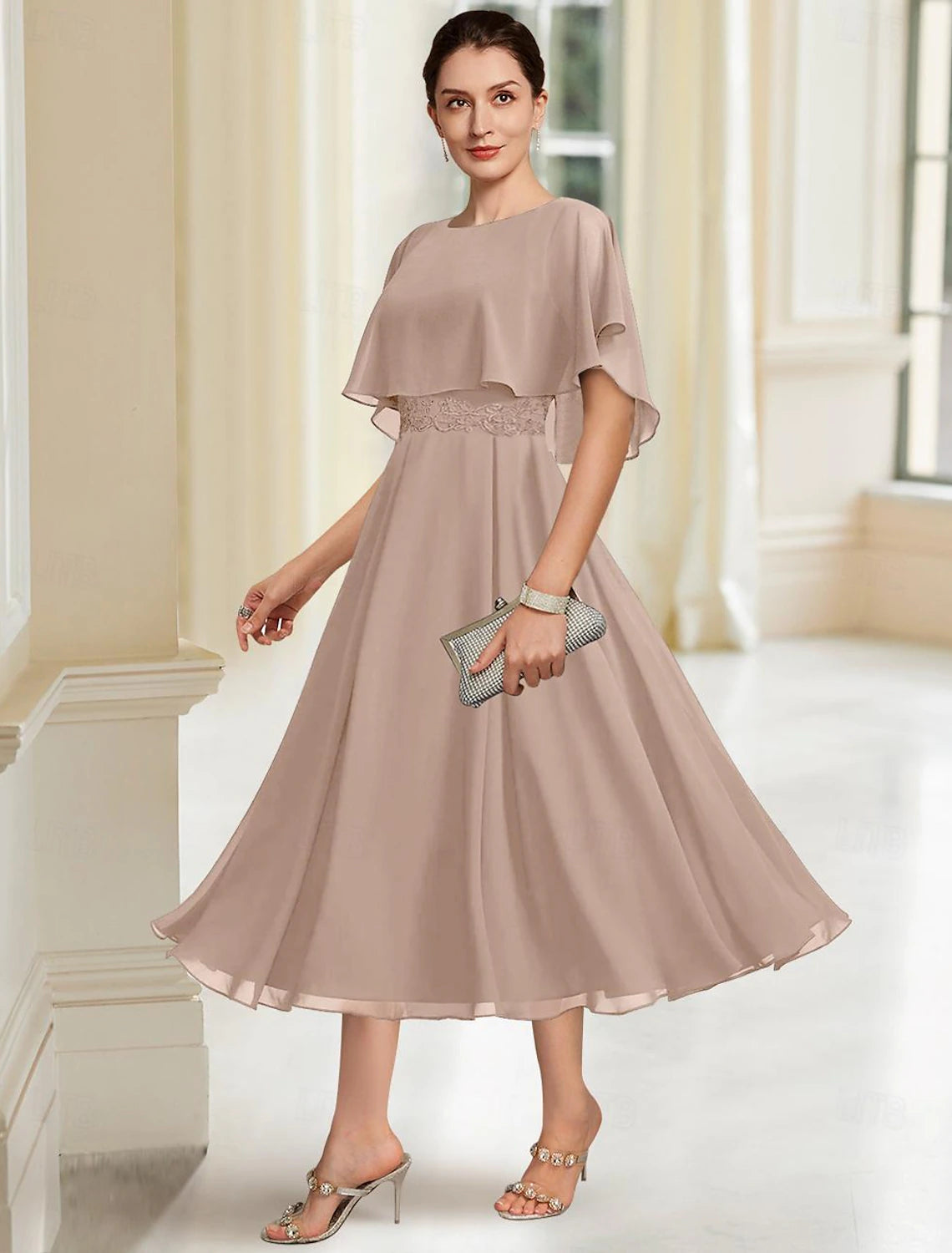 Buyishang A-Line Mother of the Bride Dress Elegant Jewel Neck Tea Length Chiffon Half Sleeve with Lace free custom size