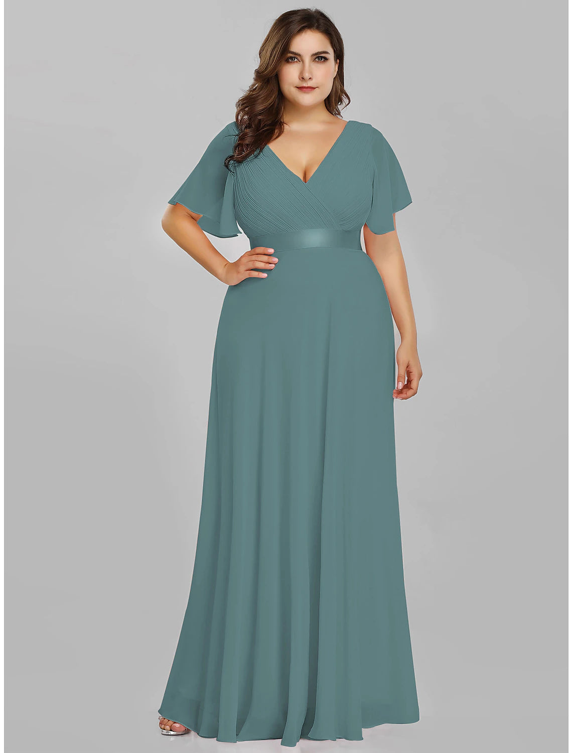 A-Line Empire Fall Wedding Guest Dress For Bridesmaid Plus Size Formal Evening Dress V Neck Short Sleeve Floor Length Chiffon with Pleats Ruched
