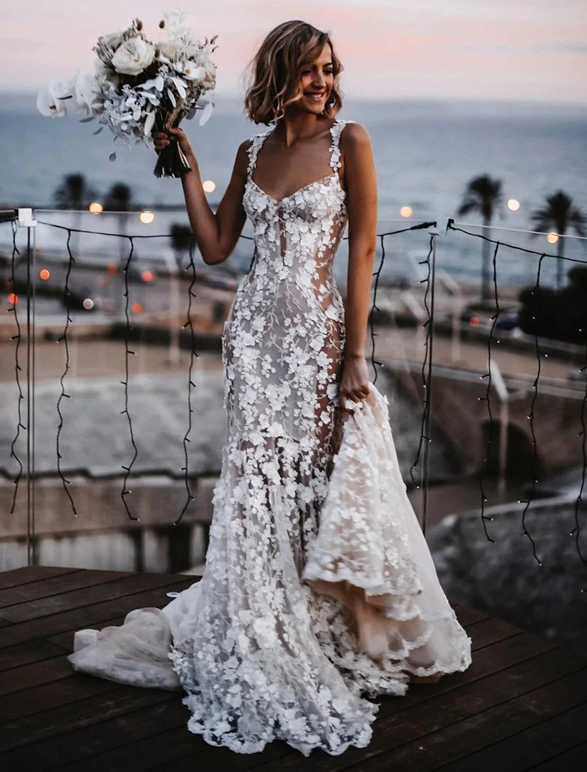 Beach Sexy Boho Wedding Dresses Mermaid / Trumpet Sweetheart Regular Straps Court Train Lace Bridal Gowns With Appliques Summer Fall Wedding Party Women's Clothing