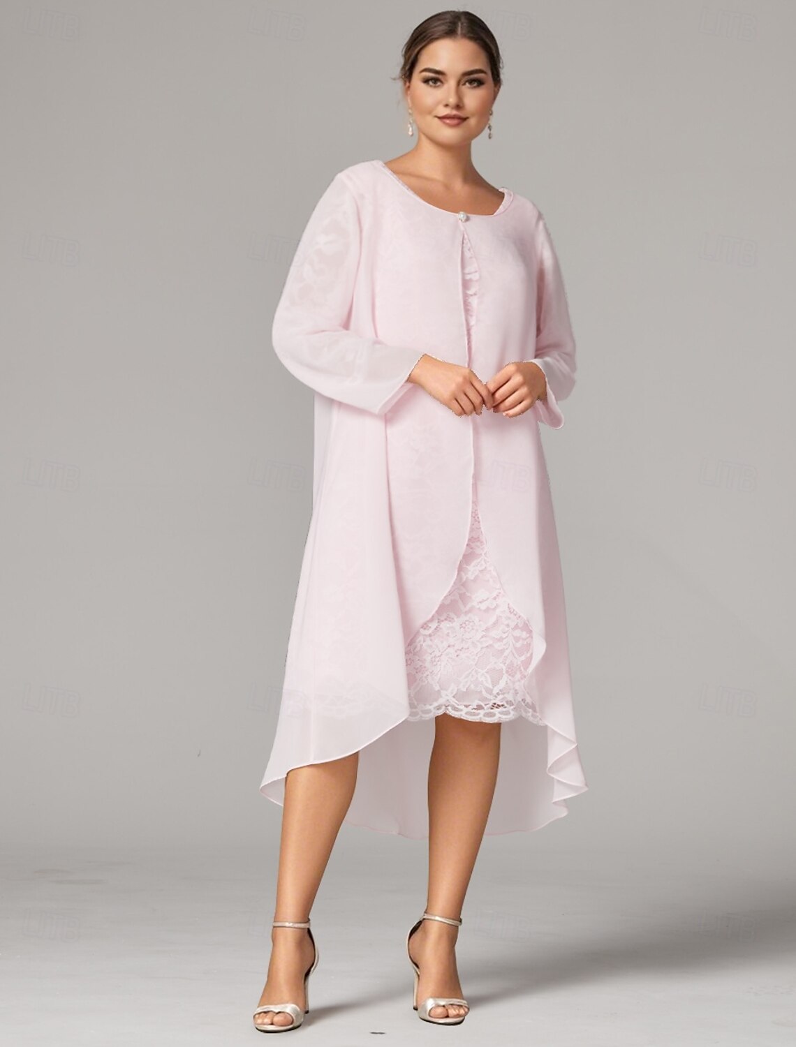 Buyishang Two Piece A-Line Plus Size Curve Mother of the Bride Dress Elegant Plus Size Jewel Neck Tea Length Chiffon Lace Short Sleeve Jacket Dresses with Solid Color