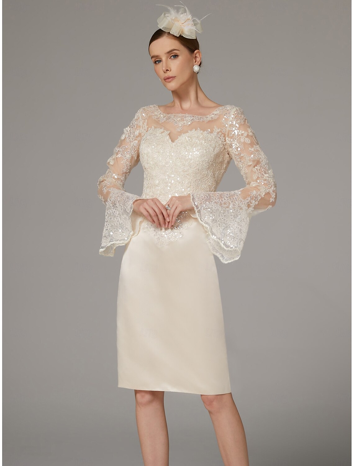 Buyishang Sheath / Column Dress Mother of the Bride Dress Elegant Vintage Luxurious Jewel Neck Knee Length Satin Lace Long Sleeve with Appliques