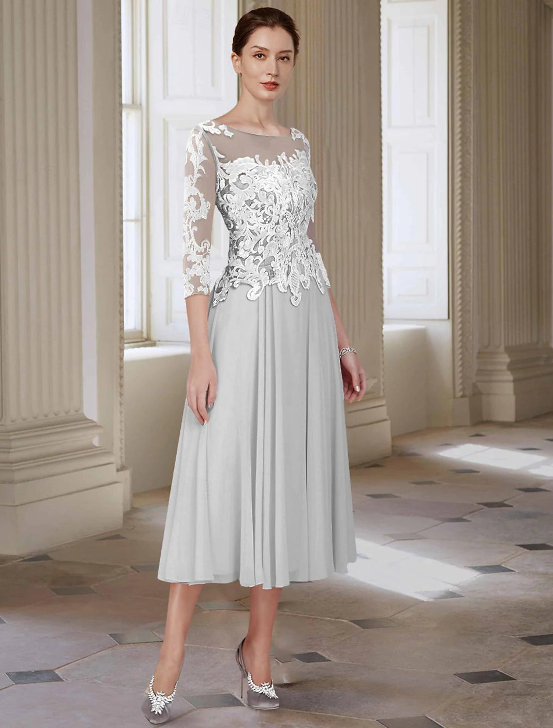 Buyishang A-Line Mother of the Bride Dress Elegant Jewel Neck Asymmetrical Ankle Length Chiffon Lace 3/4 Length Sleeve with Appliques free custom size