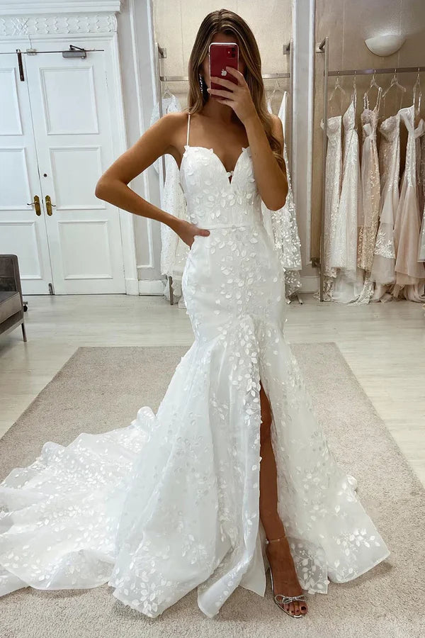 Buyishang Allover Lace Wedding Dress Spaghetti Straps Mermaid Bridal Gown