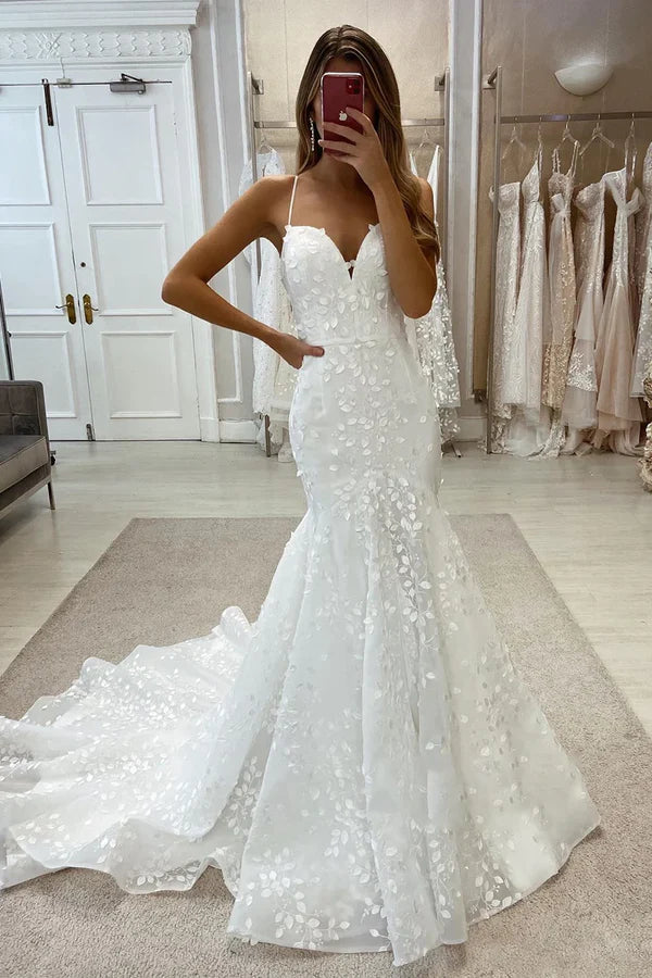 Buyishang Allover Lace Wedding Dress Spaghetti Straps Mermaid Bridal Gown