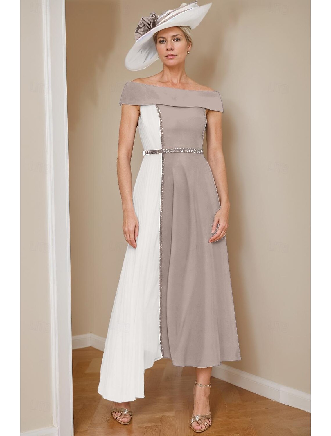 Buyishang A-Line Mother of the Bride Dress Formal Wedding Guest Elegant V Neck Tea Length Chiffon Short Sleeve with Sash / Ribbon Color Block free custom size