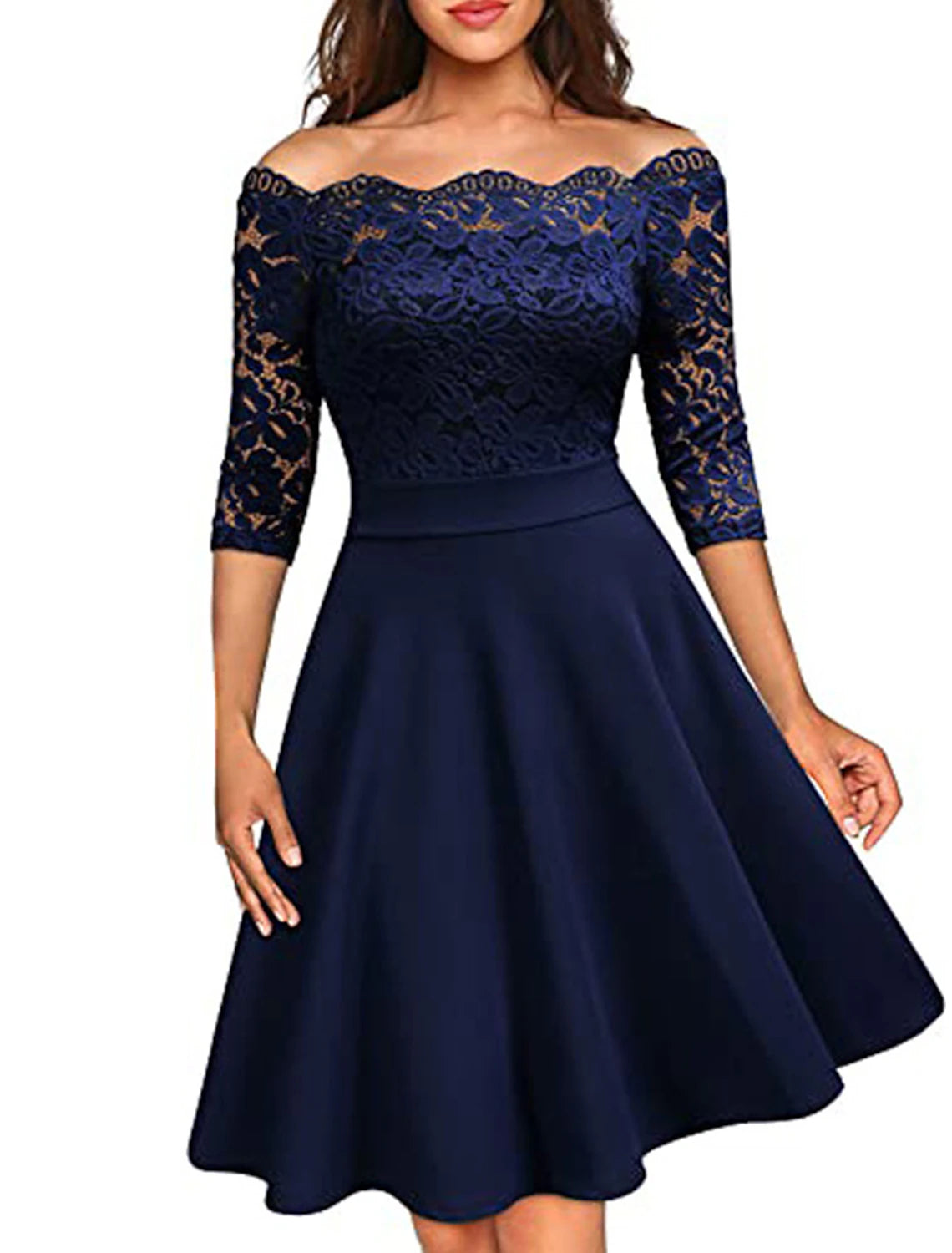 Women's Party Dress Lace Dress Wedding Guest Dress Midi Dress Wine Dark Blue Half Sleeve Pure Color Lace Spring Fall Winter Off Shoulder Fashion Winter Dress Wedding Guest Evening Party