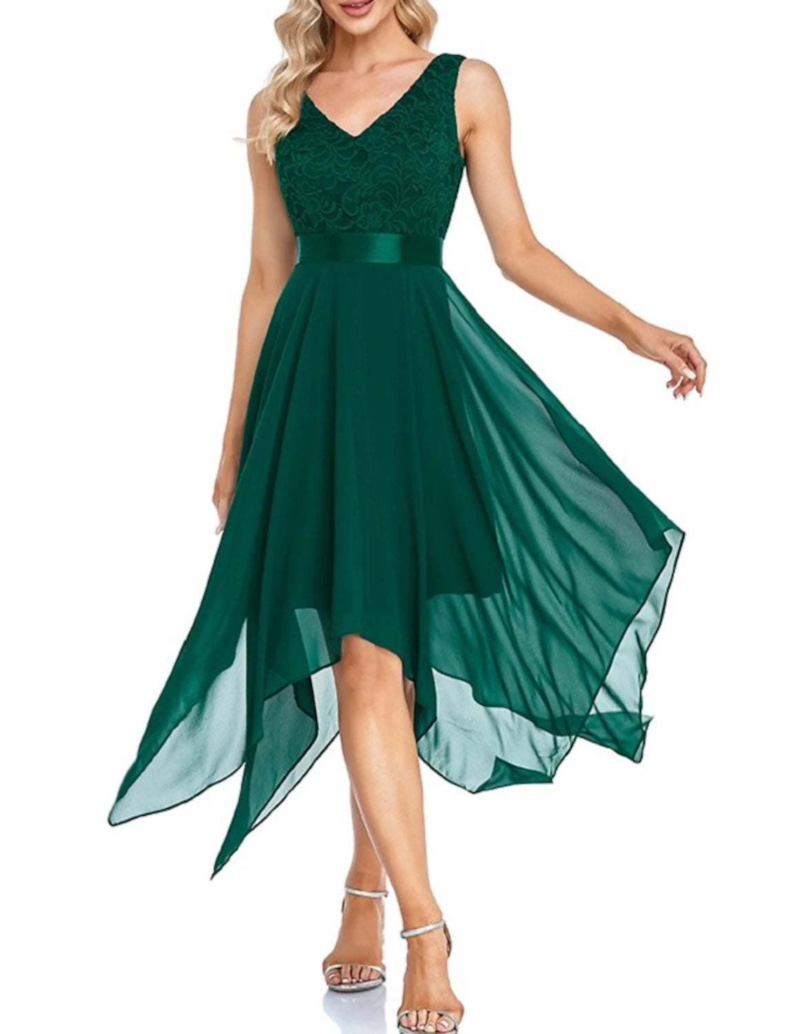 A-Line Cocktail Dresses Party Dress Homecoming Wedding Guest Asymmetrical Sleeveless V Neck Chiffon V Back with Pure Color Splicing