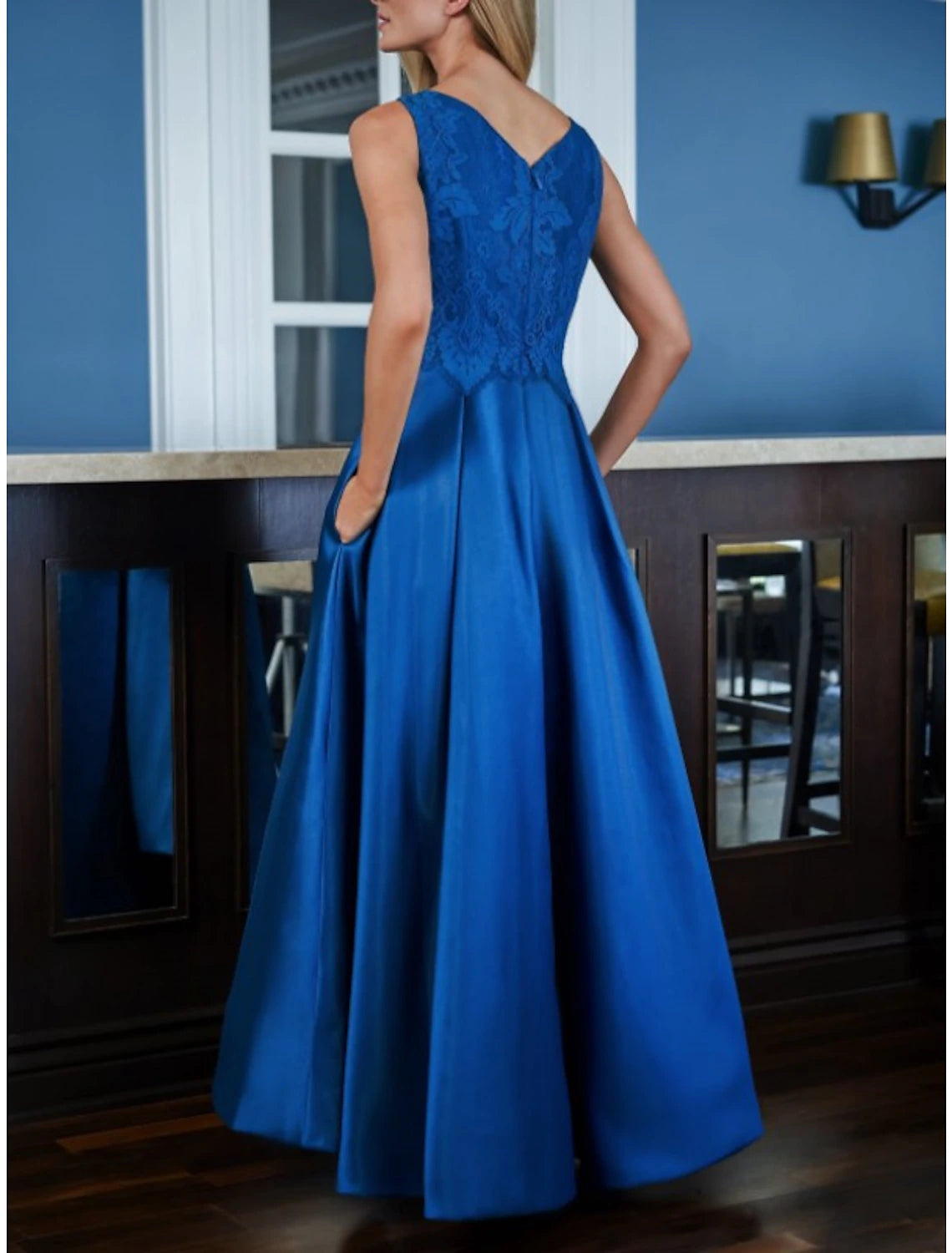 Two Piece A-Line Mother of the Bride Dress Wedding Guest Party Vintage Elegant V Neck Asymmetrical Satin Lace Half Sleeve with Pleats Solid Color