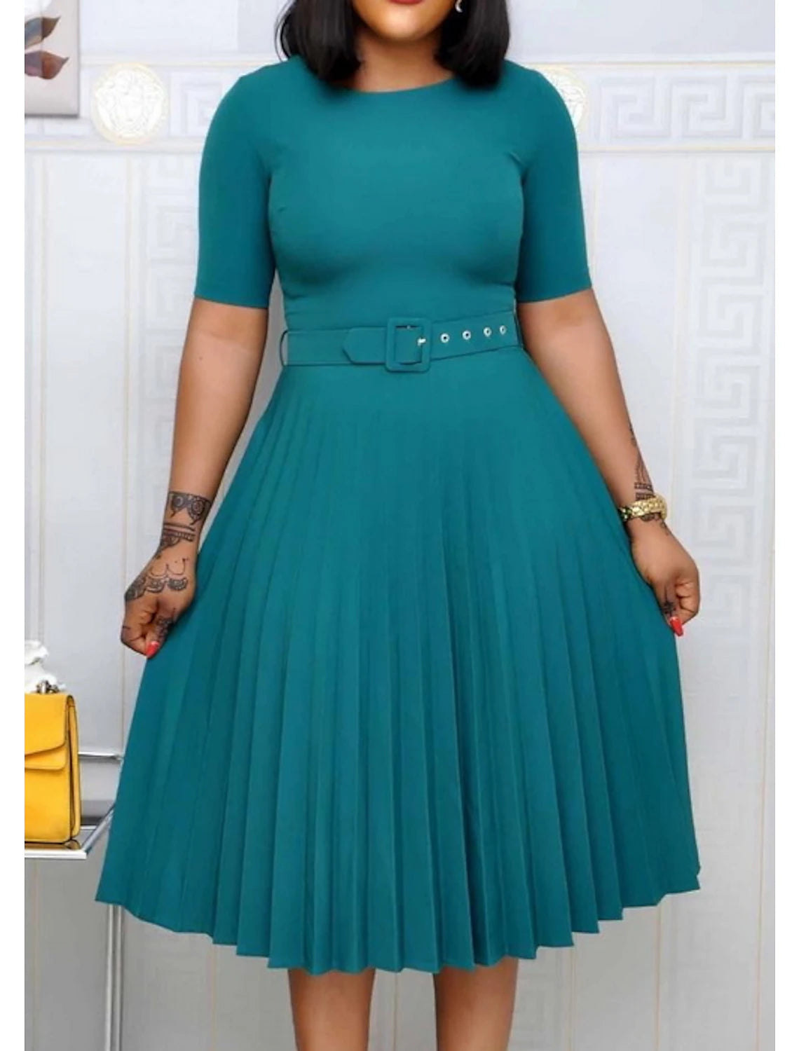 Women‘s Plus Size Curve Party Dress Solid Color Crew Neck Ruched Short Sleeve Spring Fall Work Formal Prom Dress Knee Length Dress Party Work Dress Loose Fit