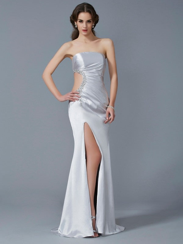 Trumpet/Mermaid Strapless Sleeveless Beading Long  Woven Satin Dresses