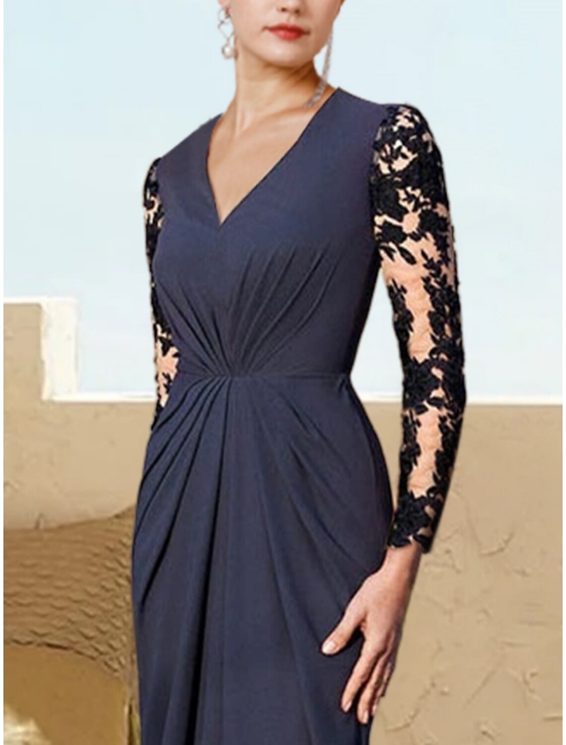 Mermaid / Trumpet Mother of the Bride Dress Wedding Guest Elegant V Neck Sweep / Brush Train Stretch Chiffon Long Sleeve with Lace Ruching