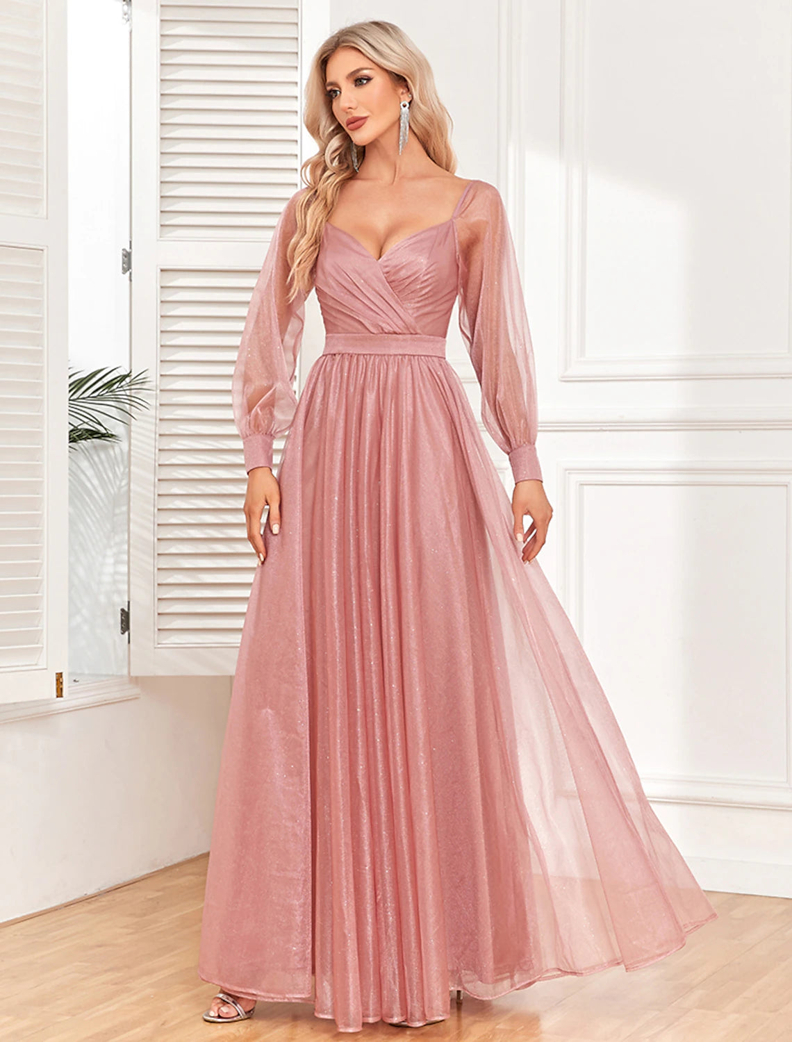 Women's Prom Dress Party Dress Swing Dress Long Dress Maxi Dress Light Red Long Sleeve Pure Color Ruched Summer Spring Fall V Neck Formal Evening Party