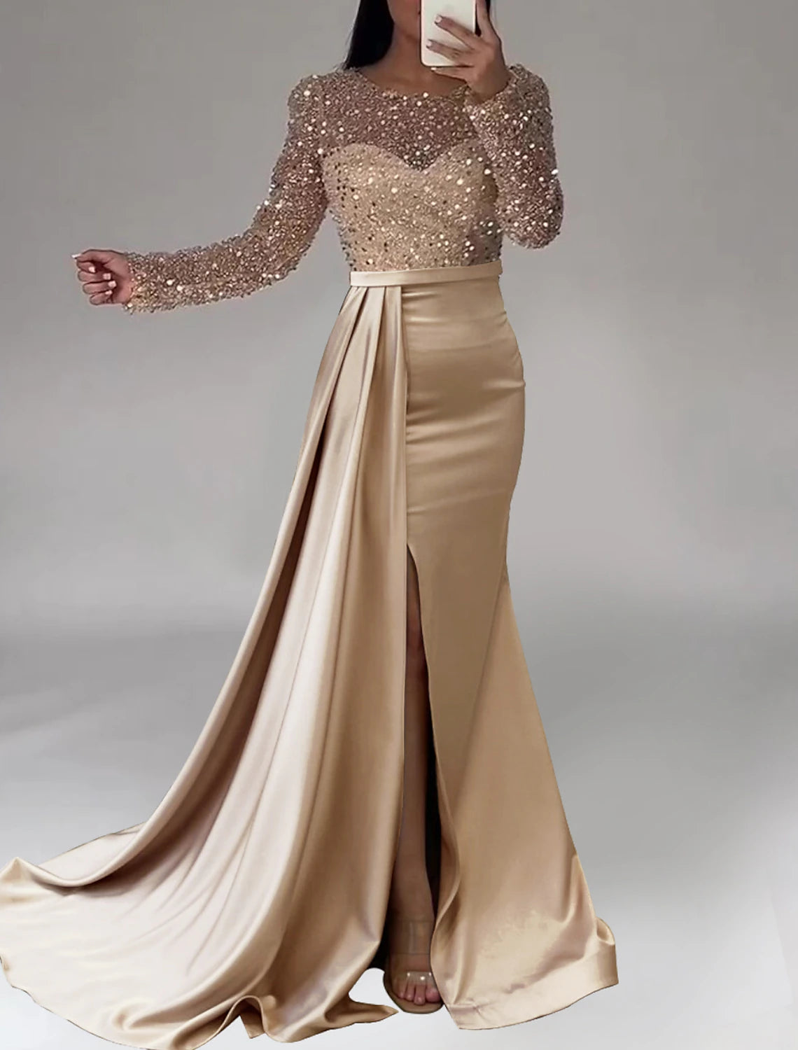 Mermaid / Trumpet Evening Gown Elegant Dress Wedding Black Tie Floor Length Long Sleeve Jewel Neck Fall Wedding Guest Satin with Pearls Sequin